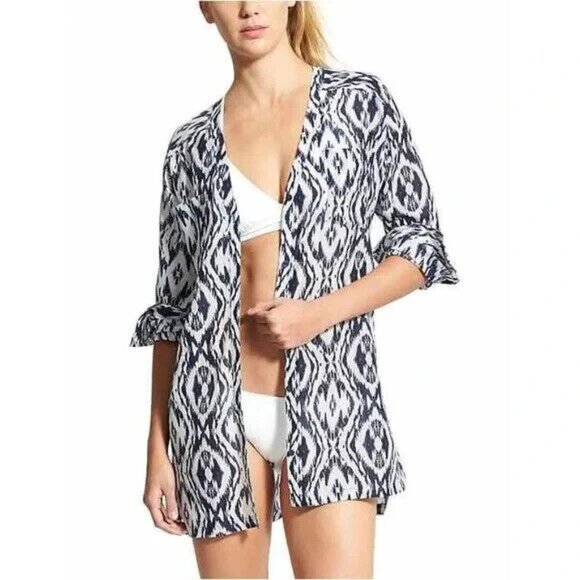 ATHLETA Ikat Print Silk Tunic Swim Cover-Up Long Sleeve Top - XXS - Picture 1 of 11